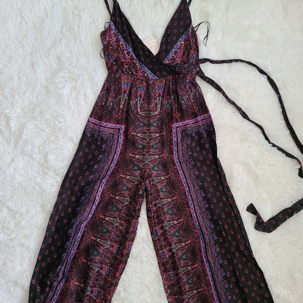 Free People Cabbage Panther Rose Black Wide Leg Jumpsuit NWT SZ XS - Picture 4 of 12